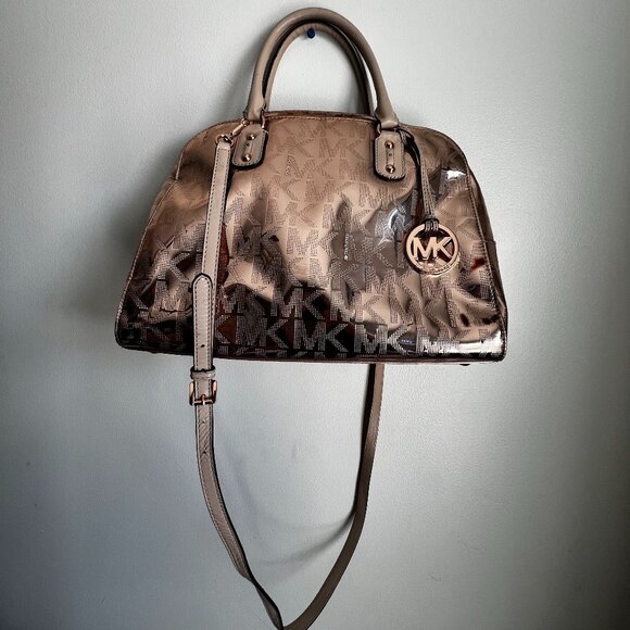 Michael Kors Signature Monogram Rose Gold Metallic Mirror Satchel - Picture 1 of 14